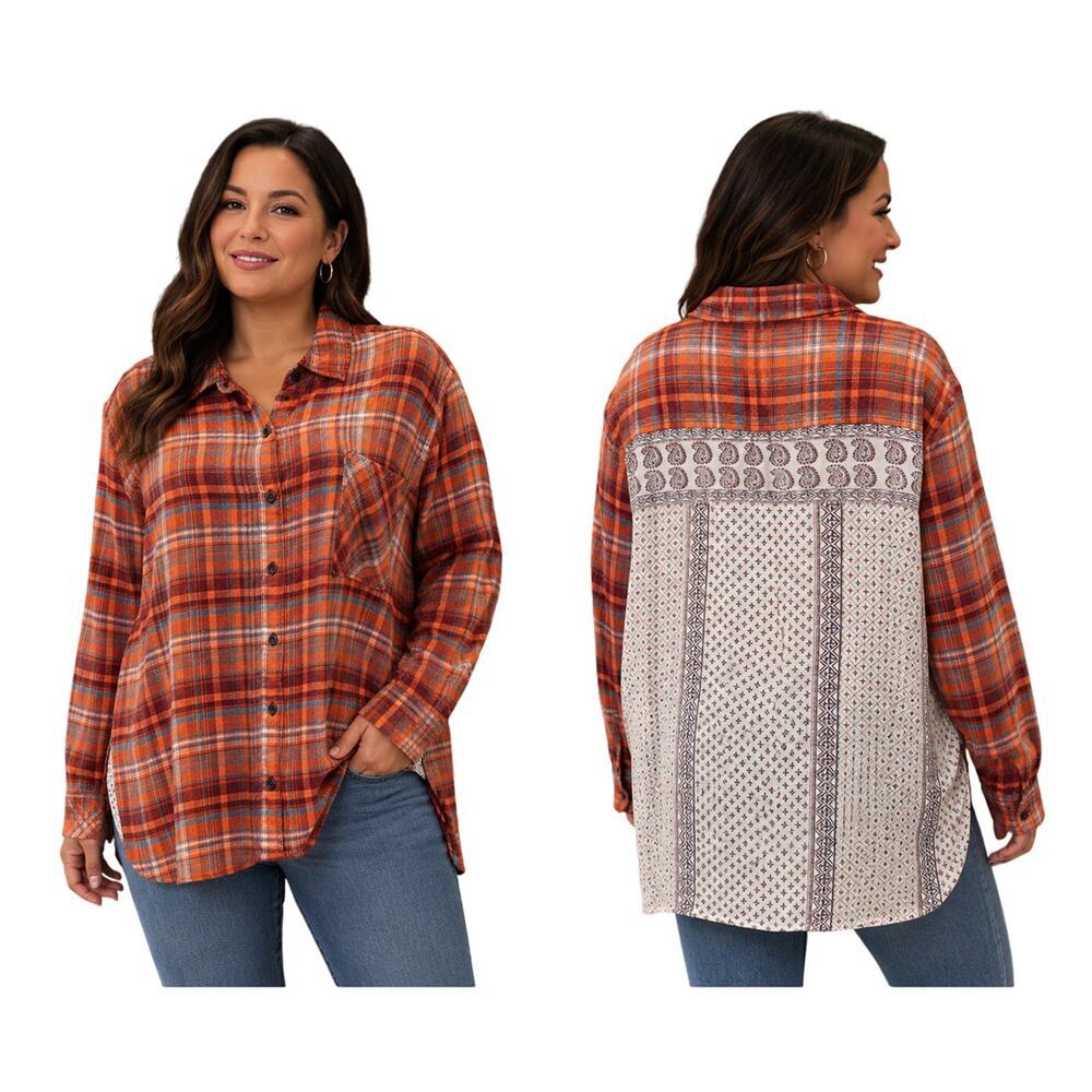 Naturals sz 1X mixed media flannel button up boho tunic top EUC long sleeve